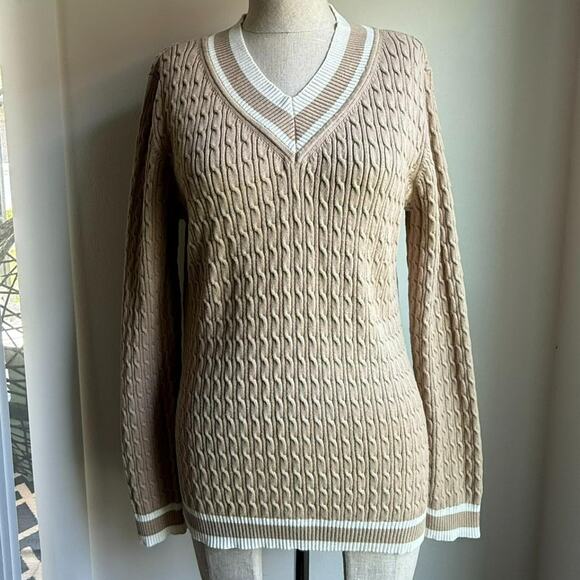 Liz Claiborne Preppy Cable Knit V-Neck Sweater – Beige – Size M - Picture 1 of 8